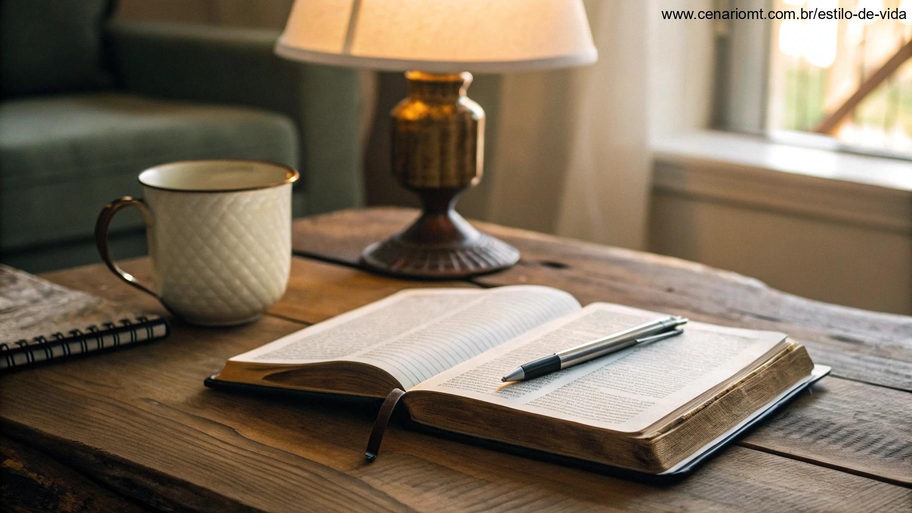 Espaço acolhedor com uma Bíblia aberta, um caderno e uma caneta, sugerindo reflexão pessoal.