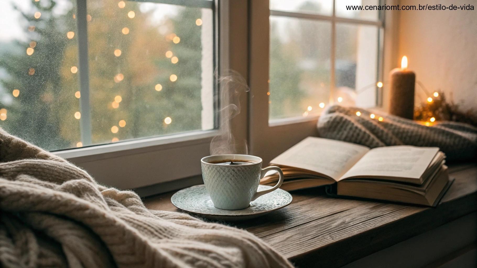 Cena aconchegante e relaxante de domingo com uma xícara de chá ou café ao lado da janela, luz suave, simbolizando descanso e rejuvenescimento.