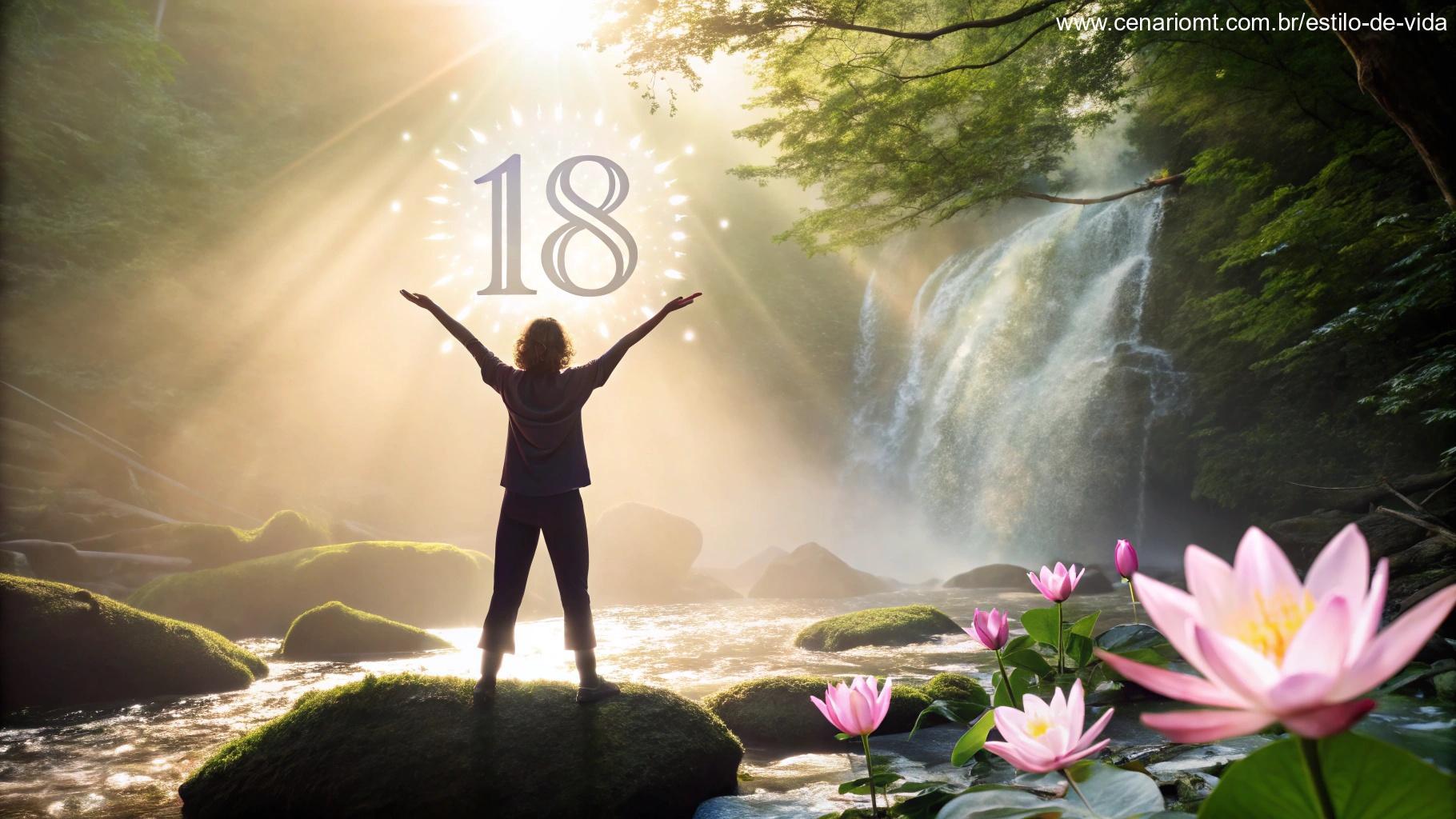 Pessoa em um cenário natural tranquilo, de mãos abertas, recebendo energia do universo, simbolizando a conexão com a energia do número 1818.
