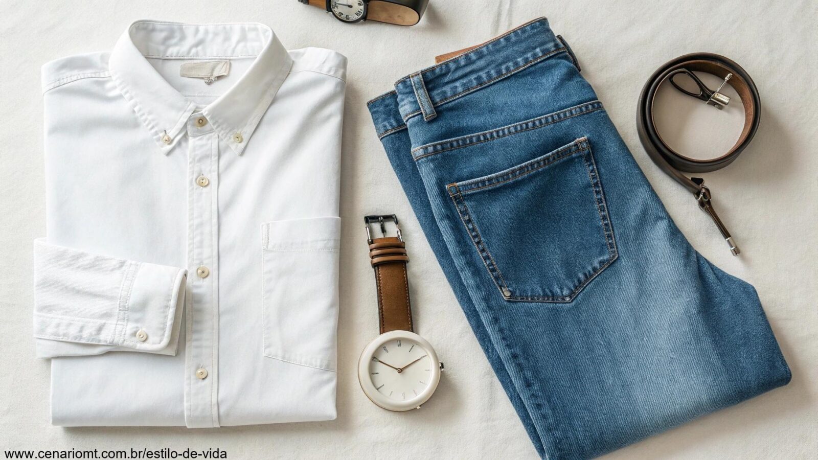 Imagem de peças básicas do guarda-roupa dispostas de forma elegante em uma composição minimalista.