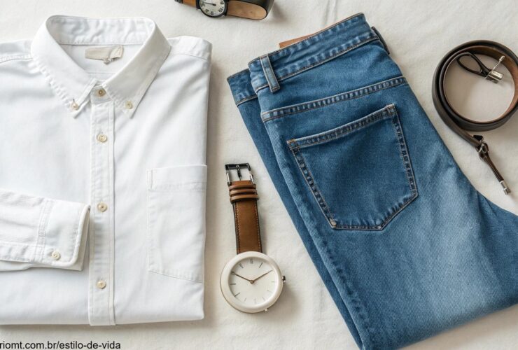 Imagem de peças básicas do guarda-roupa dispostas de forma elegante em uma composição minimalista.