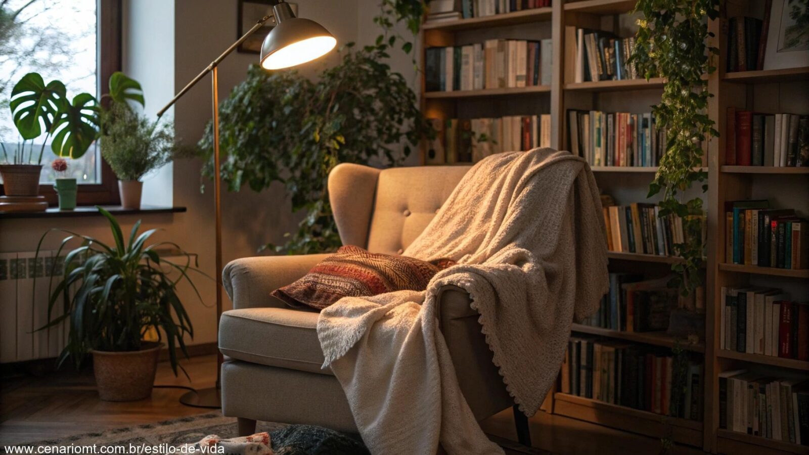 Cantinho de leitura aconchegante com cadeira confortável, cobertores e luz suave, rodeado por estantes e plantas.
