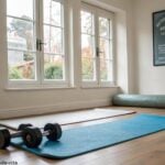 Espaço tranquilo em casa para treino com tapetes de yoga e halteres.