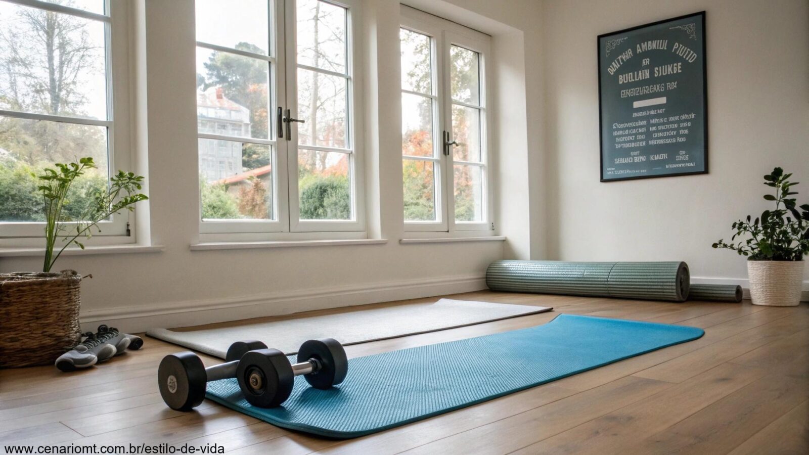 Espaço tranquilo em casa para treino com tapetes de yoga e halteres.