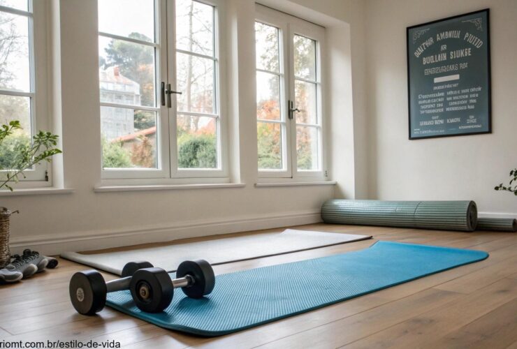 Espaço tranquilo em casa para treino com tapetes de yoga e halteres.