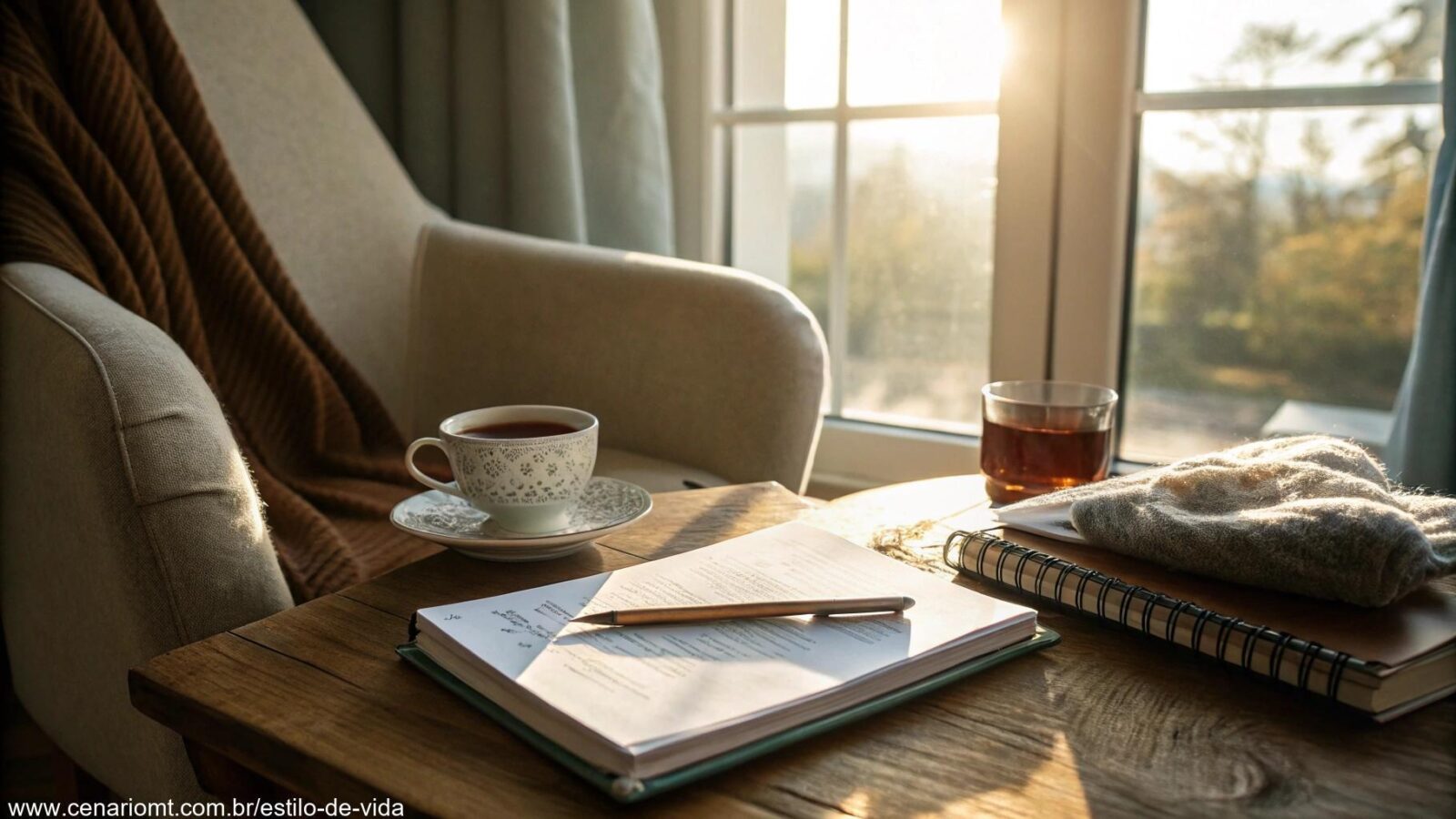Cena matinal tranquila com luz suave entrando pela janela, cadeira confortável, xícara de chá e um diário com uma caneta em uma mesa de madeira.