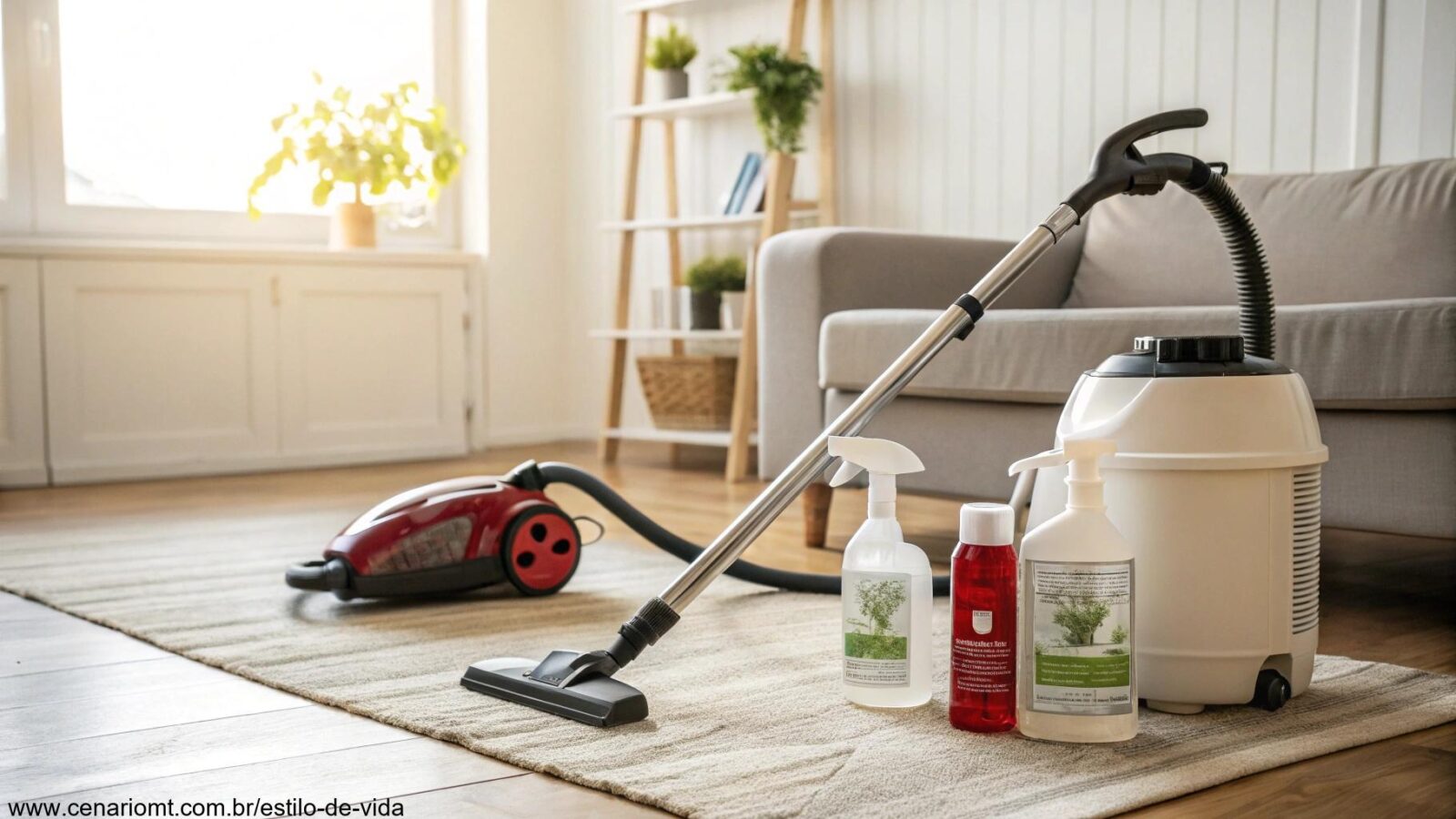 Ambiente limpo com produtos de controle de pragas e um aspirador de pó no chão.