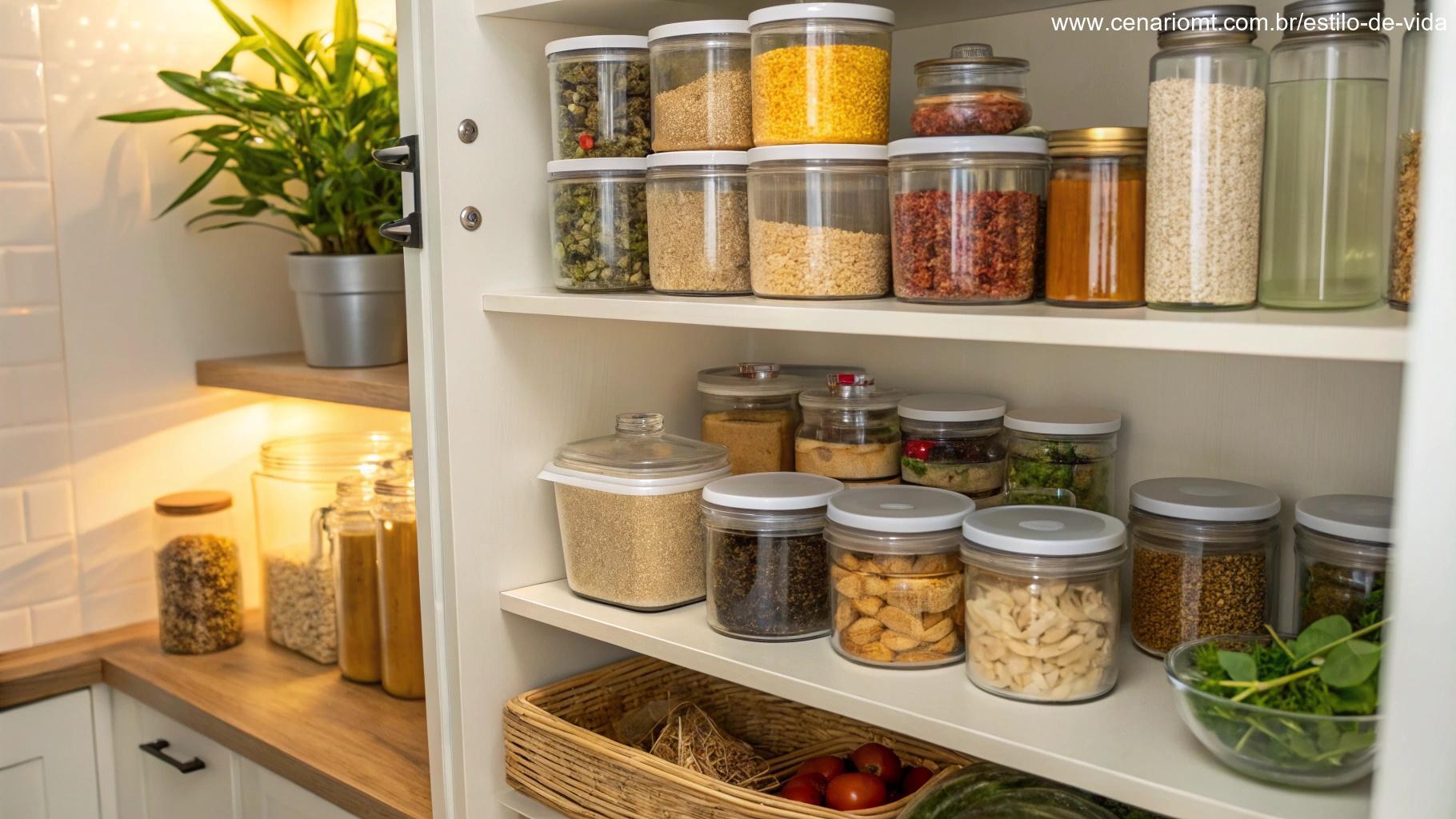 Despensa de cozinha organizada com métodos para evitar traças em alimentos.