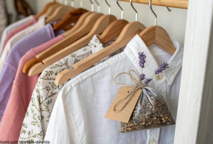 Imagem de roupas em um armário com foco em métodos naturais para evitar traças.