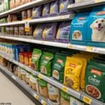 Prateleiras de alimentos para cães e gatos, com embalagens coloridas e organizadas, mostrando opções de rações secas e molhadas.
