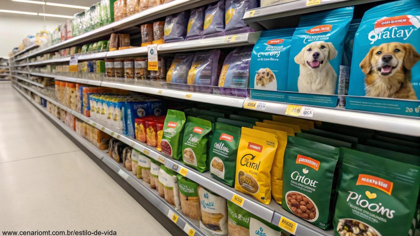 Prateleiras de alimentos para cães e gatos, com embalagens coloridas e organizadas, mostrando opções de rações secas e molhadas.
