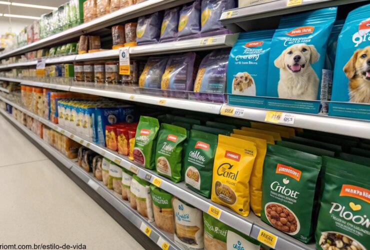 Prateleiras de alimentos para cães e gatos, com embalagens coloridas e organizadas, mostrando opções de rações secas e molhadas.