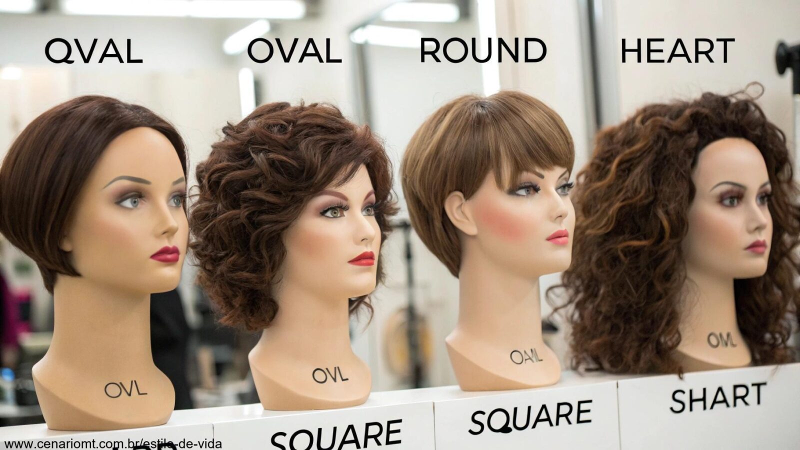 Imagem de estilos de cabelo ideais para diferentes formatos de rosto.