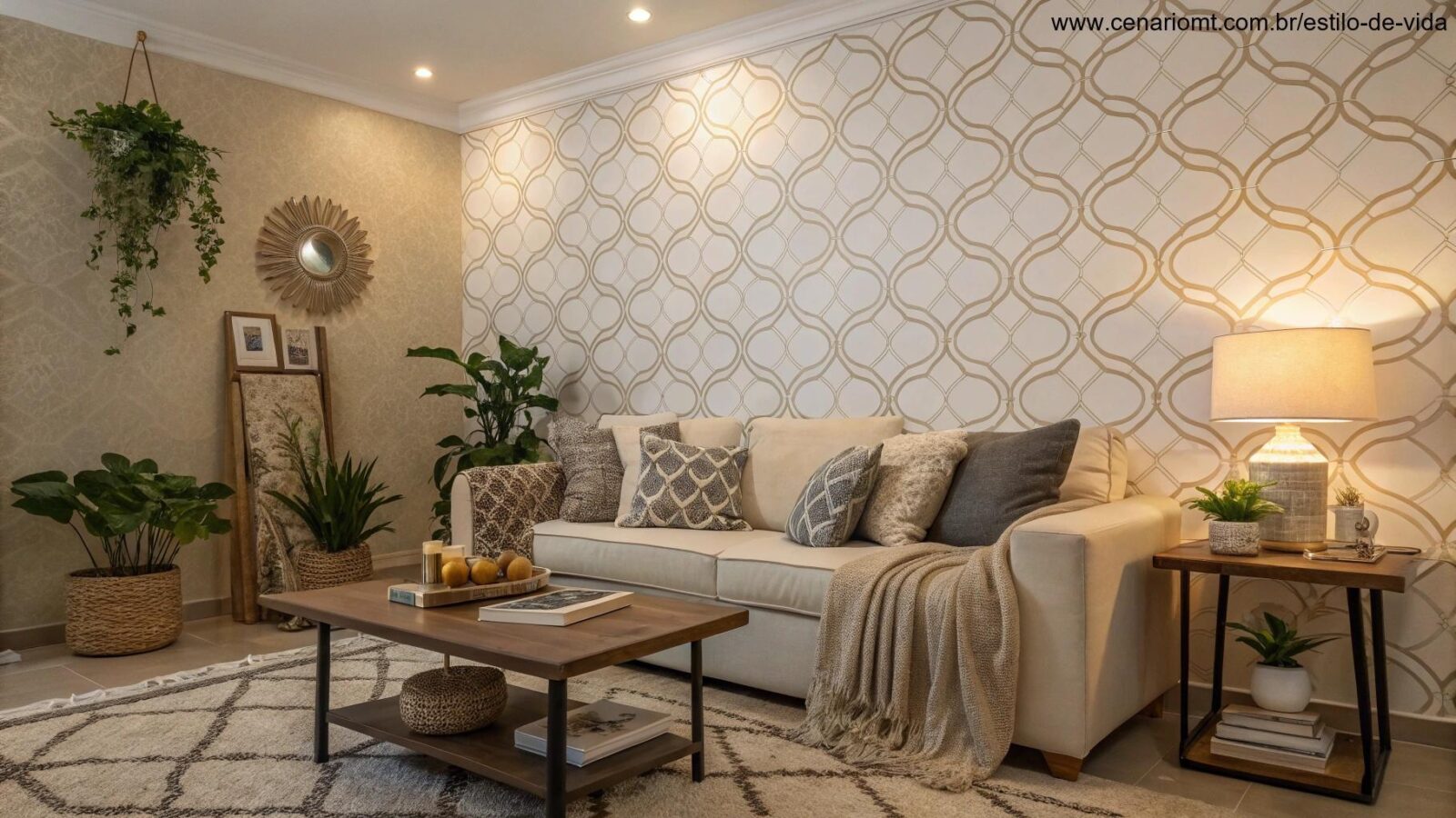 Imagem de uma sala de estar aconchegante com papel de parede de padrão geométrico suave