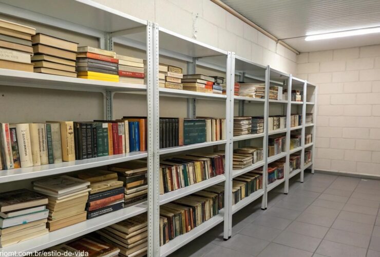 Estante de livros organizada em um ambiente seco e fresco, com livros armazenados de forma correta para evitar o crescimento de fungos.