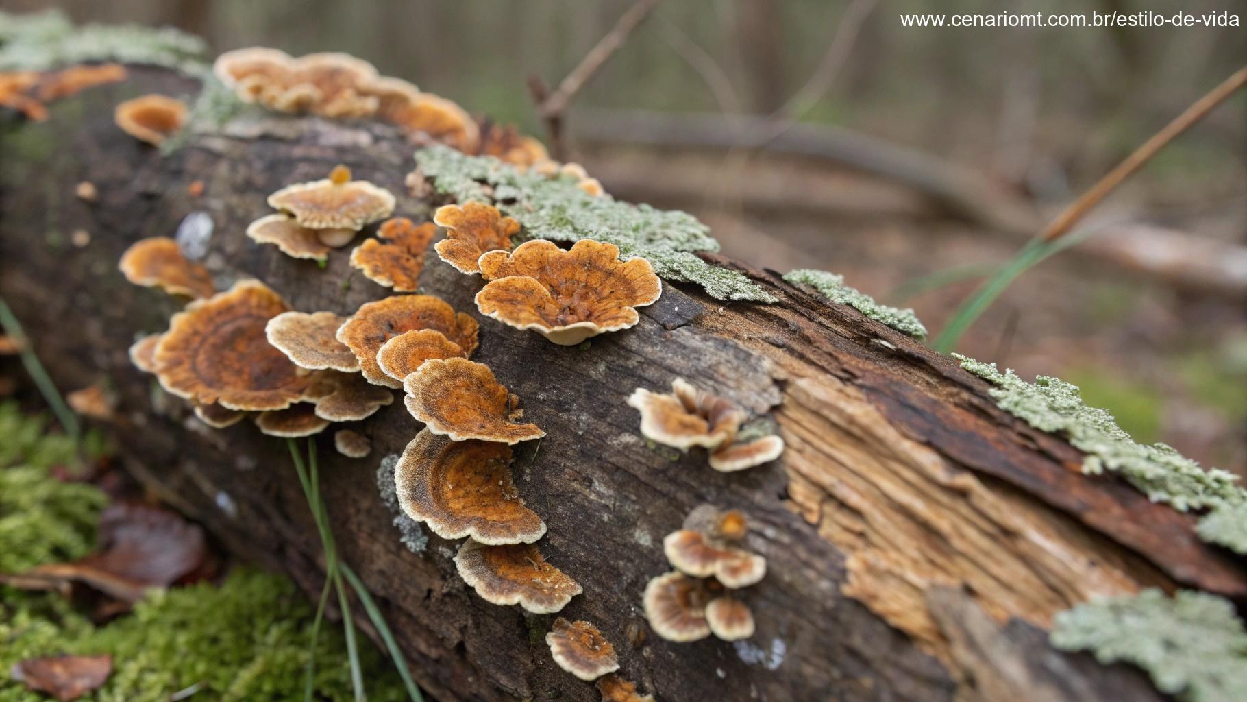 Detalhe de madeira com fungos, mostrando tipos diferentes de fungos e esporos.