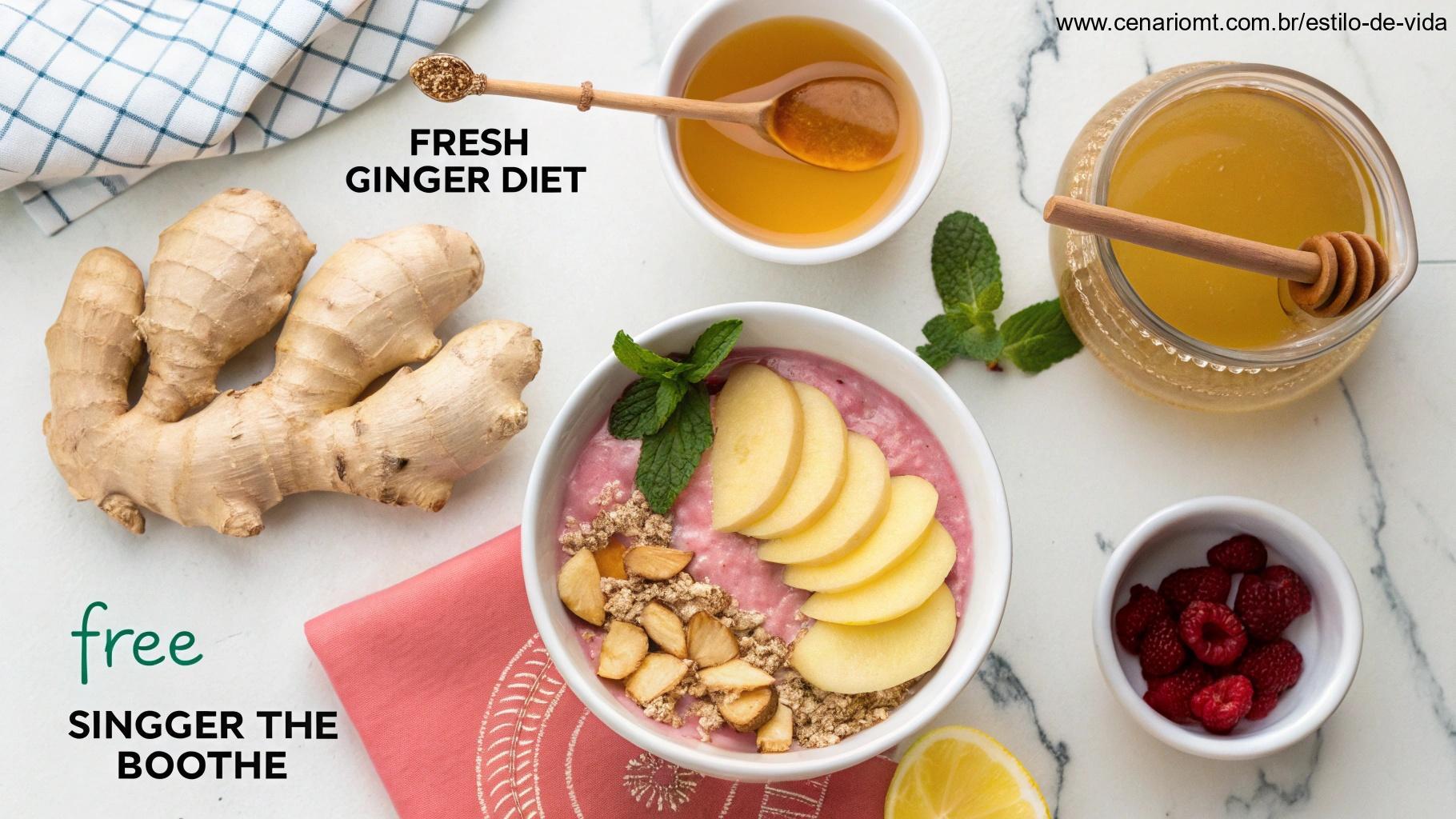 Vista superior de diferentes formas de incluir gengibre na alimentação diária, como chá, mel e smoothies.