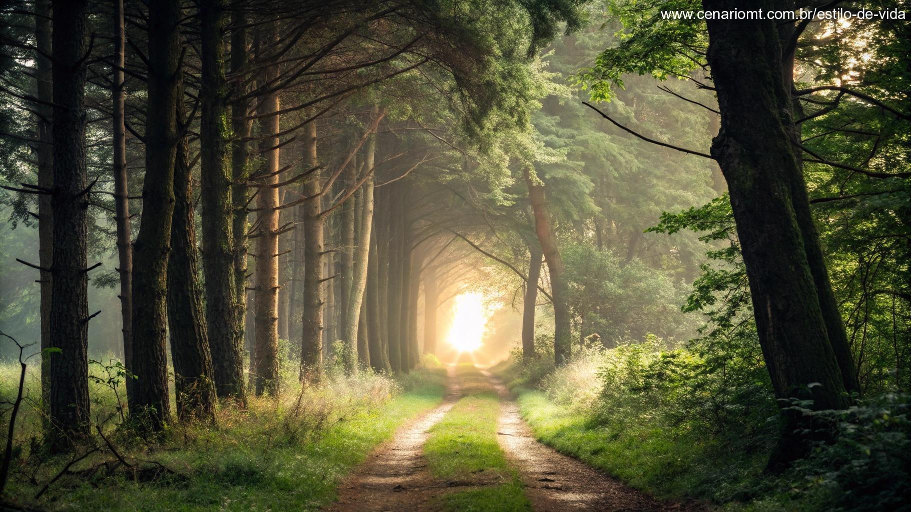 Uma floresta tranquila com um caminho estreito conduzindo a uma luz brilhante no final.