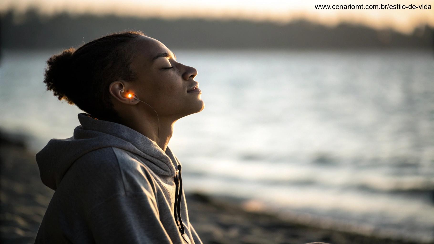 Pessoa calma em pose meditativa, com os olhos fechados, e a orelha direita levemente iluminada, cercada por luz suave, simbolizando uma abordagem pacífica para lidar com o zumbido.