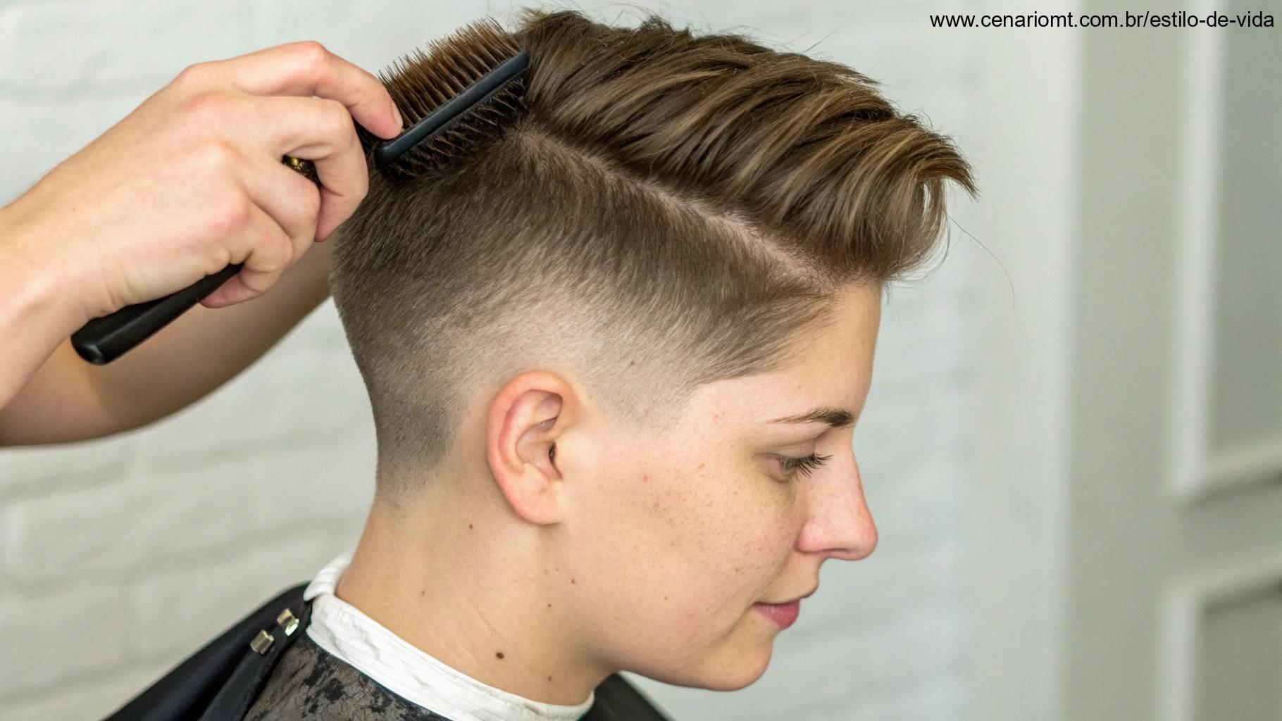 Pessoa estilizando o corte curto com undercut, mantendo o volume no topo.