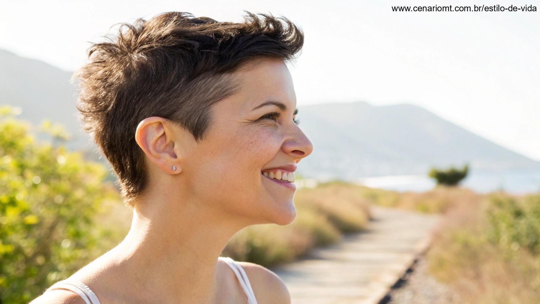 Mulher com corte pixie curto, sorrindo e com visual fresco e de fácil manutenção