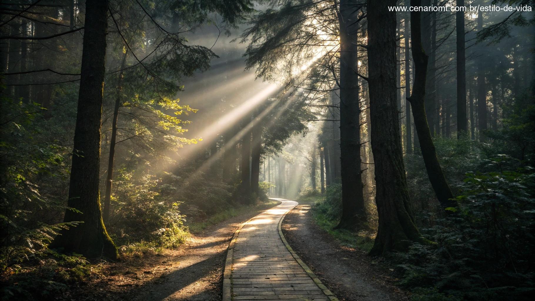 Caminho iluminado através de uma floresta densa, com raios de luz quebrando entre as árvores e iluminando o caminho à frente.