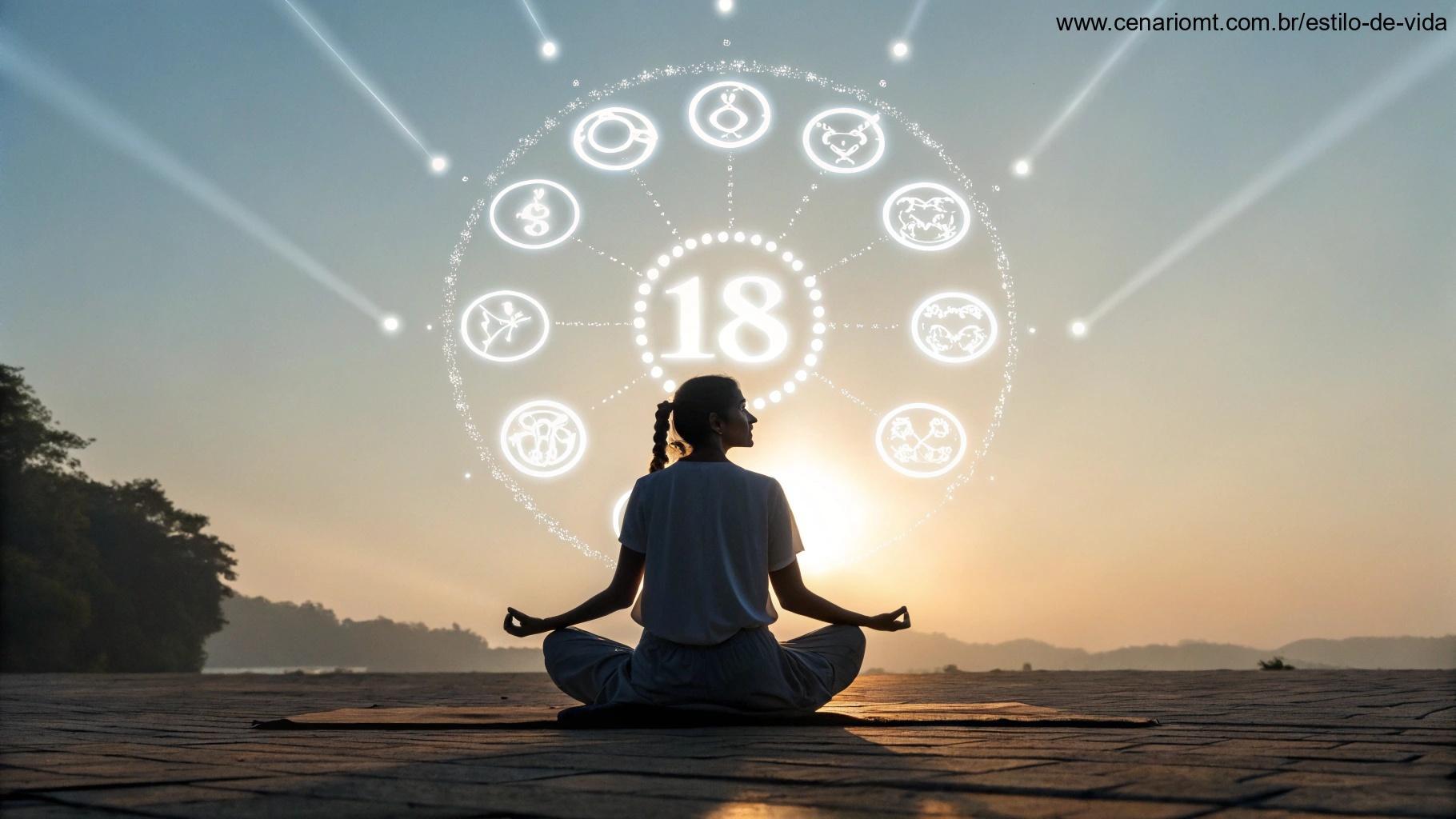 Figura espiritual em meditação, cercada por símbolos brilhantes de crescimento e iluminação, representando a influência do número 1818 na vida espiritual.