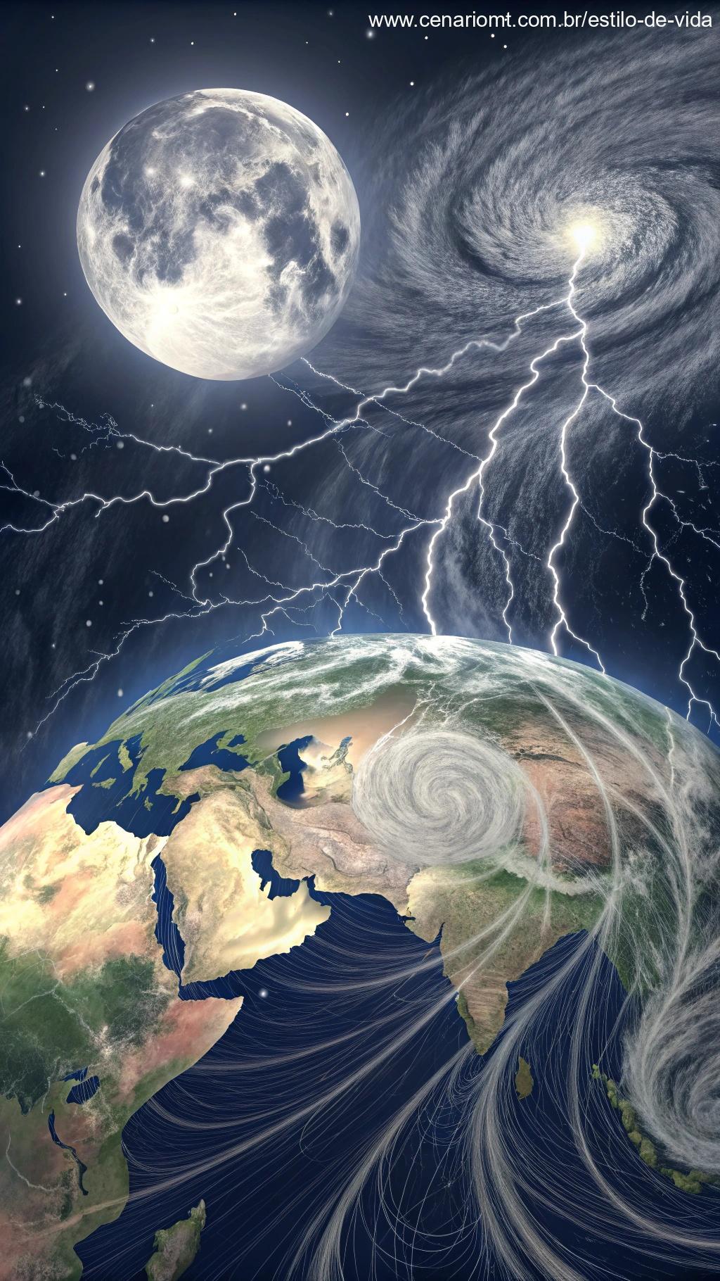 Simulação climática global com padrões meteorológicos erráticos e tempestades extremas.