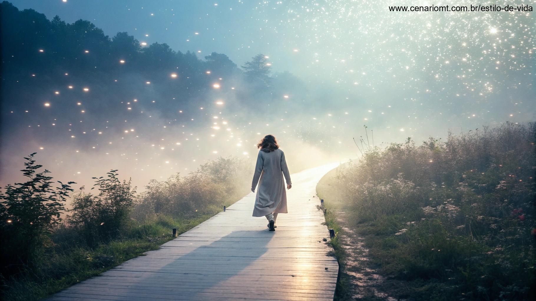 Uma alma tranquila caminhando por um caminho iluminado em uma paisagem mística.