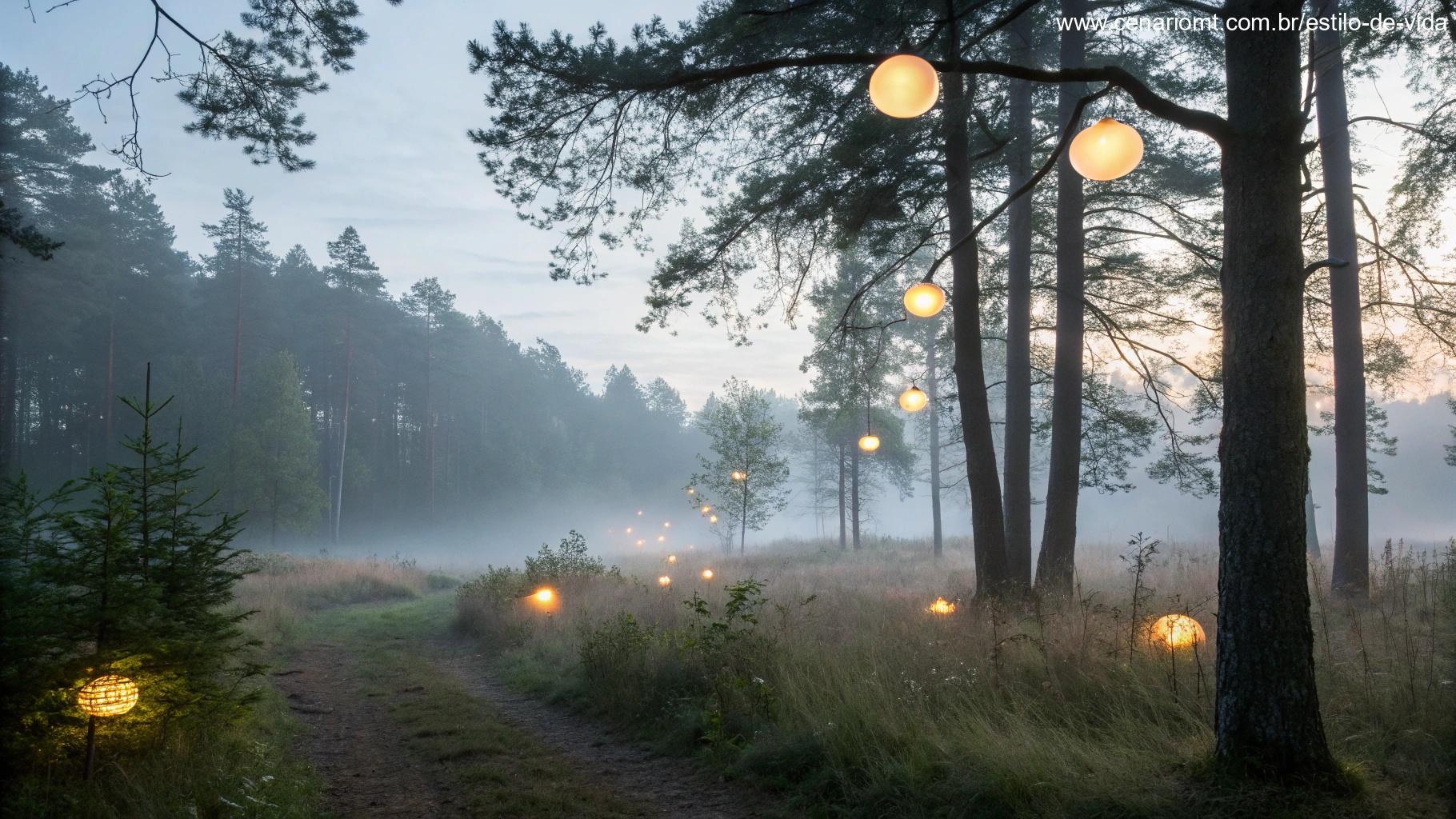 Uma cena etérea com luzes suaves flutuando no ar em uma floresta tranquila e nevoenta.