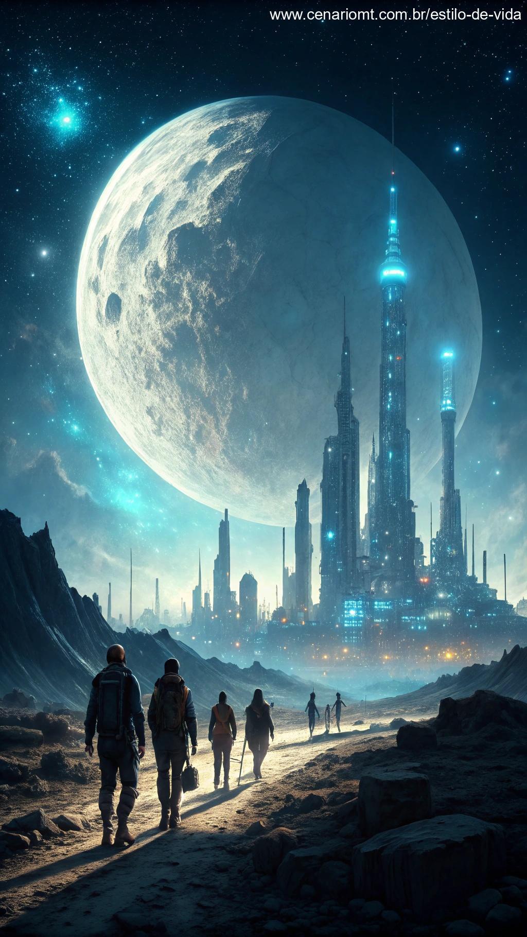 Imagem cinematográfica mostrando humanos se adaptando à Terra sem a Lua.
