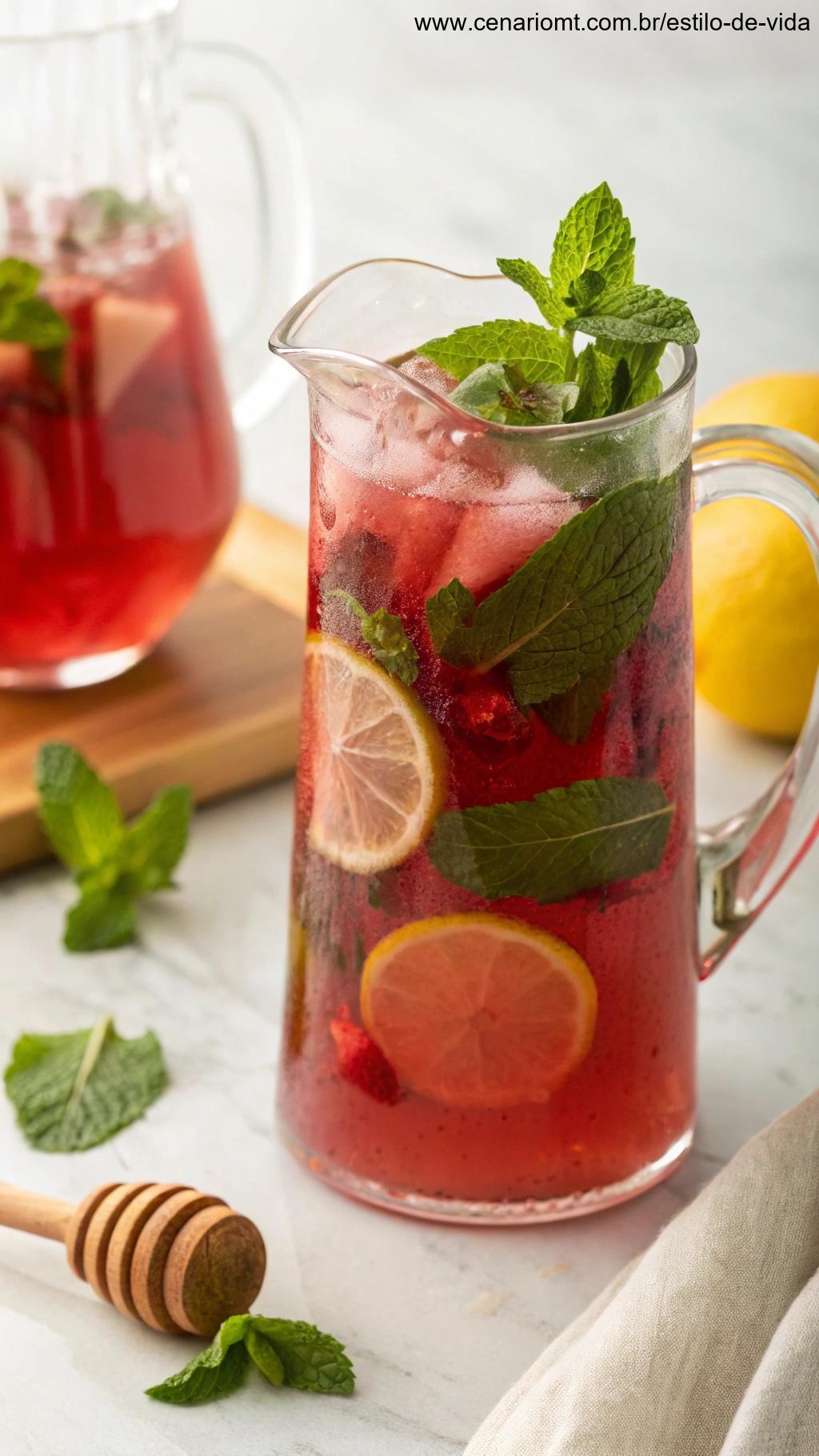 Jarro de limonada de hibisco com folhas de hortelã e mel ao lado.