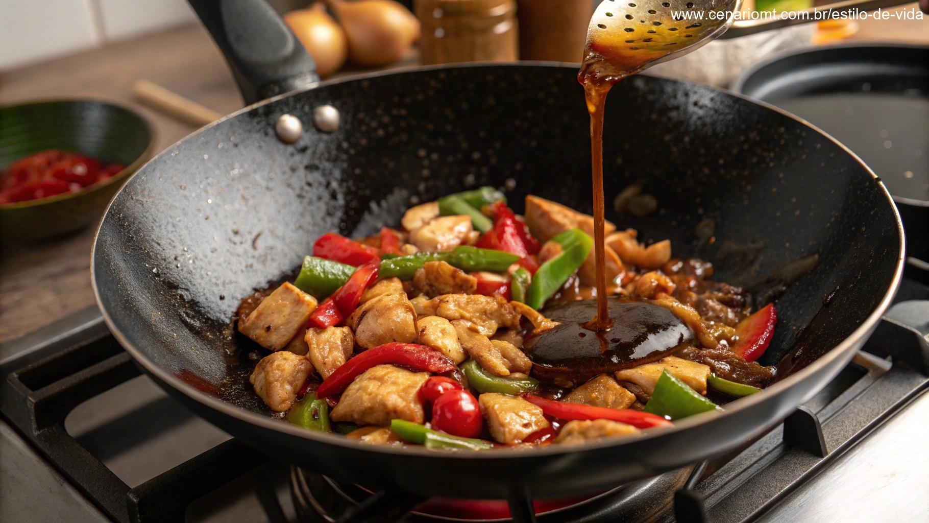 Processo de preparo do Frango Xadrez em uma wok com molho brilhante e ingredientes frescos.