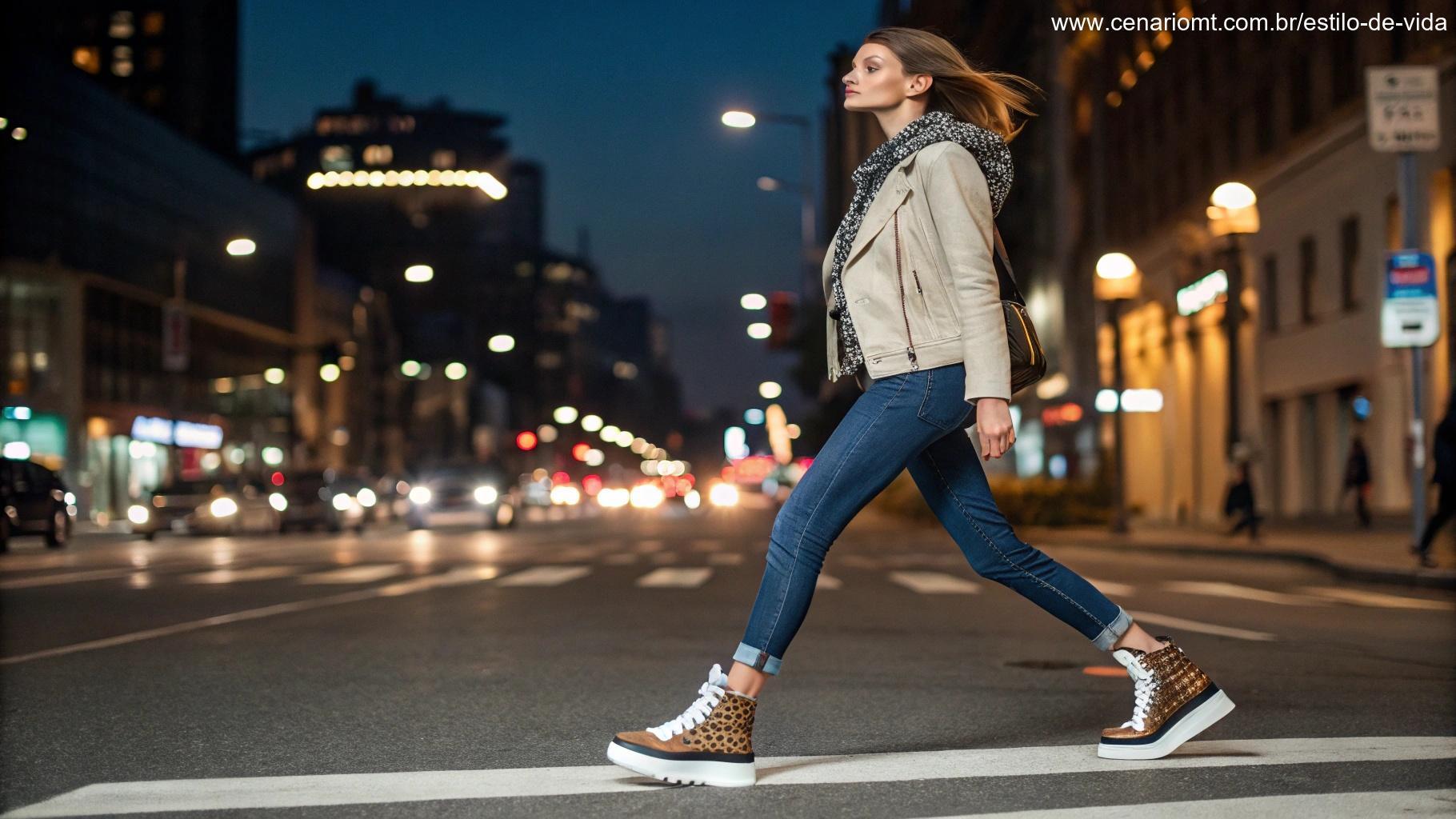 Mulher estilosa usando sapatos de tendência para 2025 em um look casual no ambiente urbano.