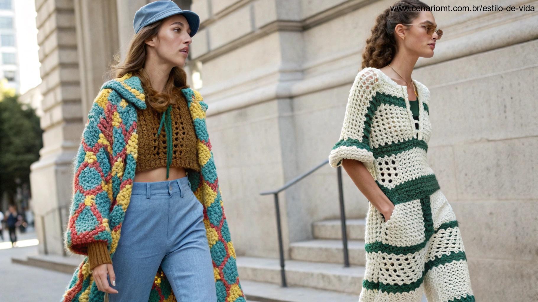 Um look fashion de roupas de crochê estilizadas para o uso diário, combinando conforto e modernidade com padrões criativos e designs versáteis.