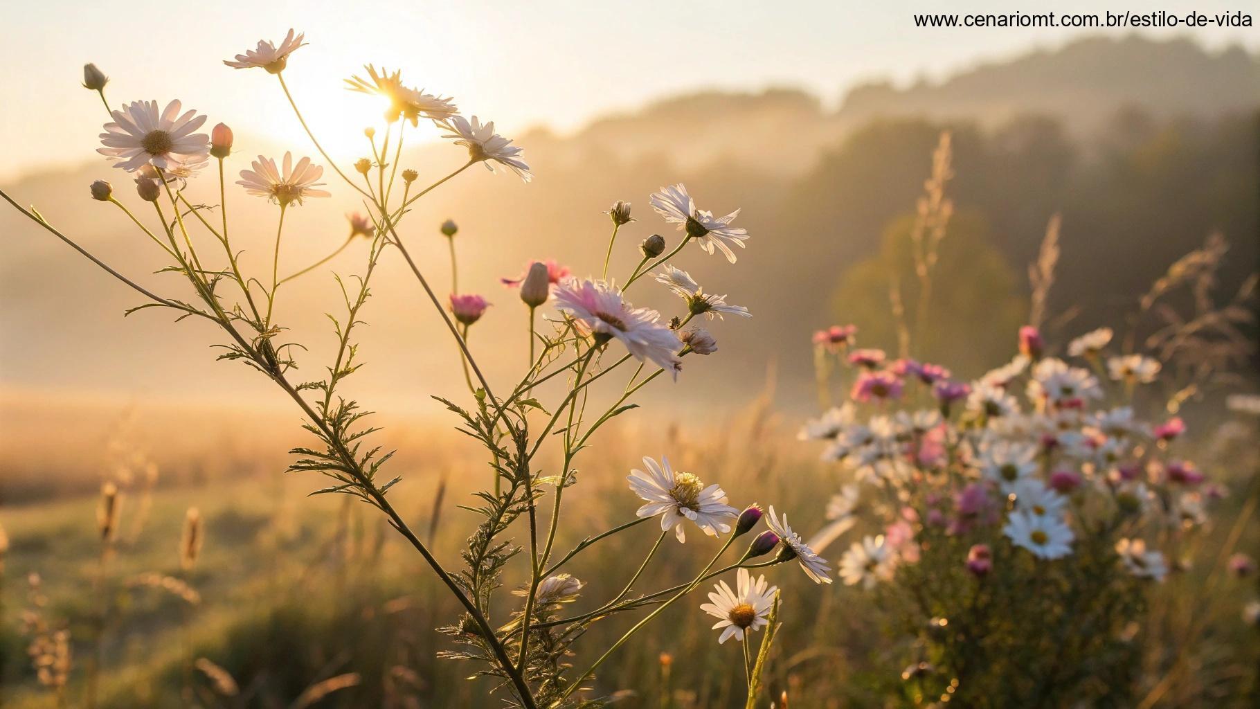 Cenas matinais com flores delicadas ao sol, simbolizando amor e positividade.
