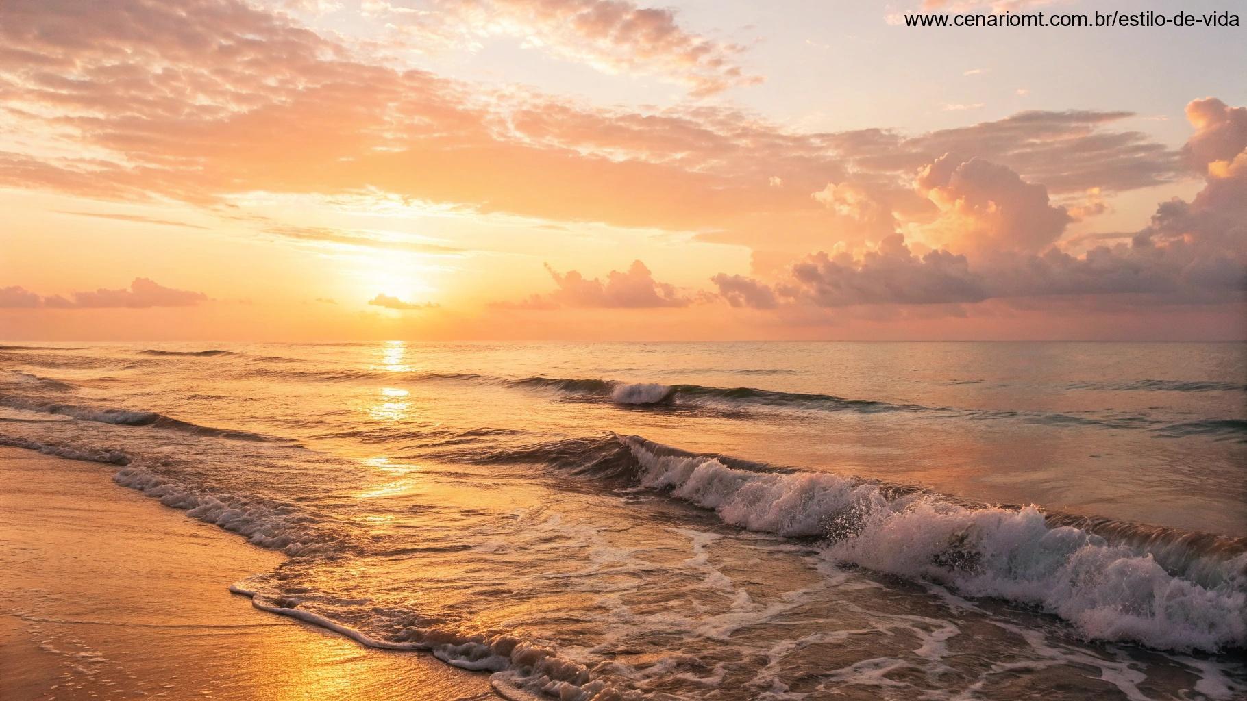 Nascer do sol acolhedor sobre um oceano calmo, simbolizando positividade e boas energias.