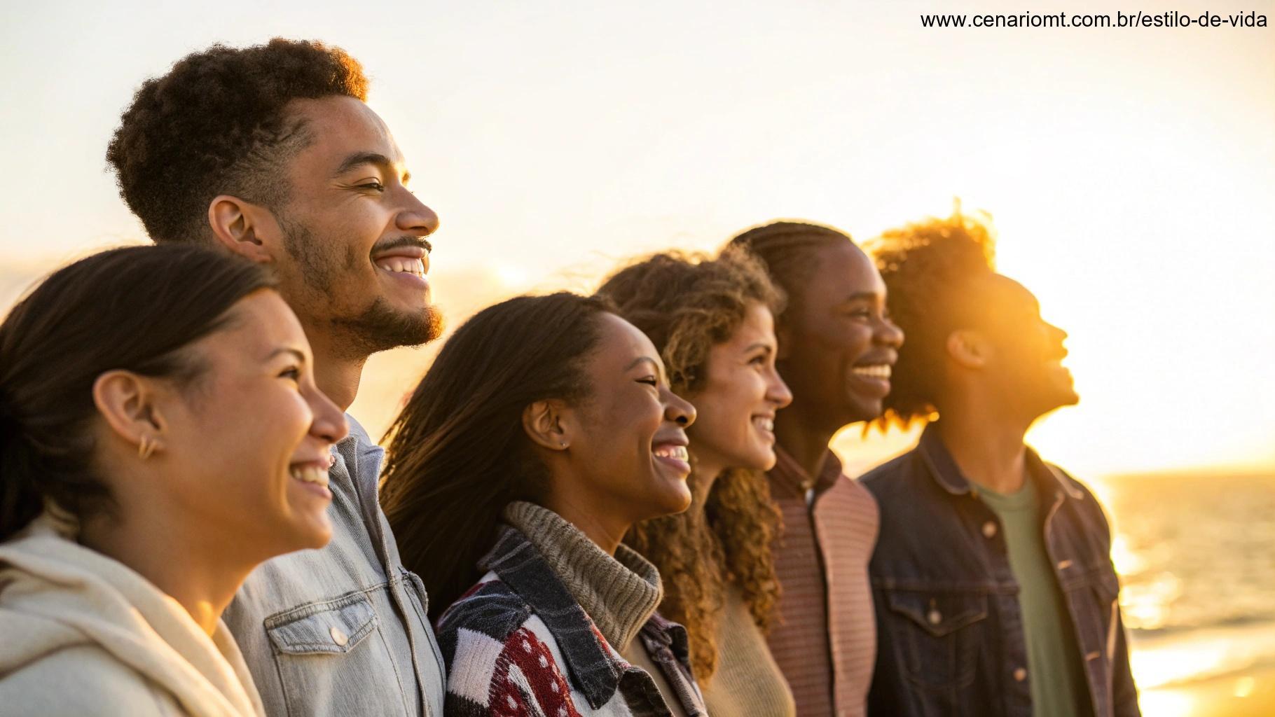 Grupo de pessoas diversas, sorrindo, com luz dourada iluminando