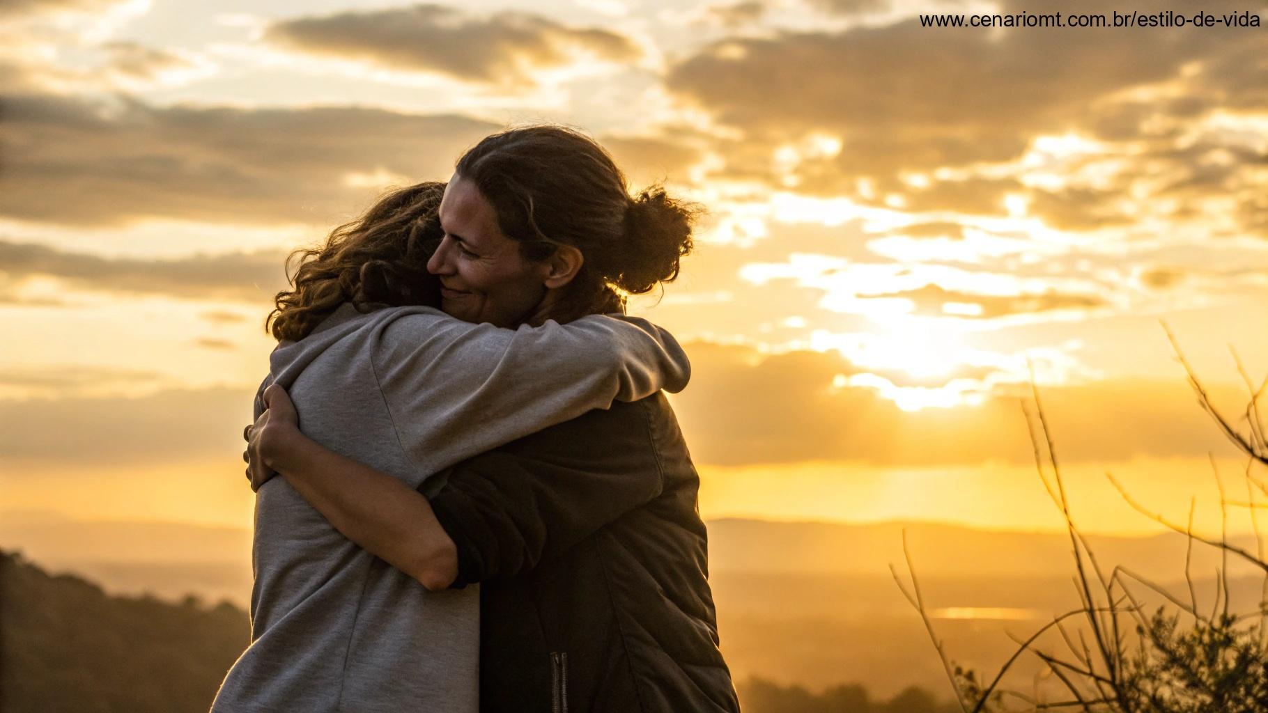 Duas pessoas se abraçando sob um pôr do sol dourado.
