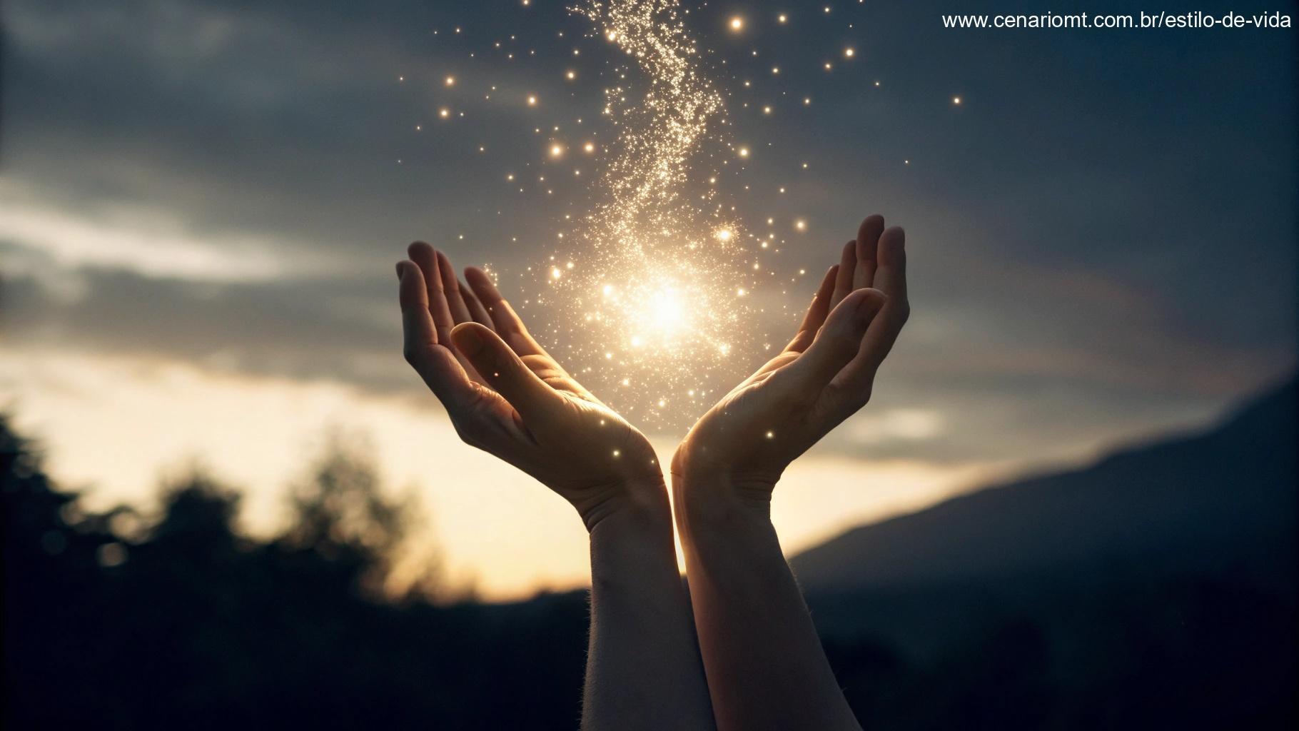 Mãos abertas liberando uma luz brilhante para o céu, simbolizando bondade, positividade e a propagação do bem.