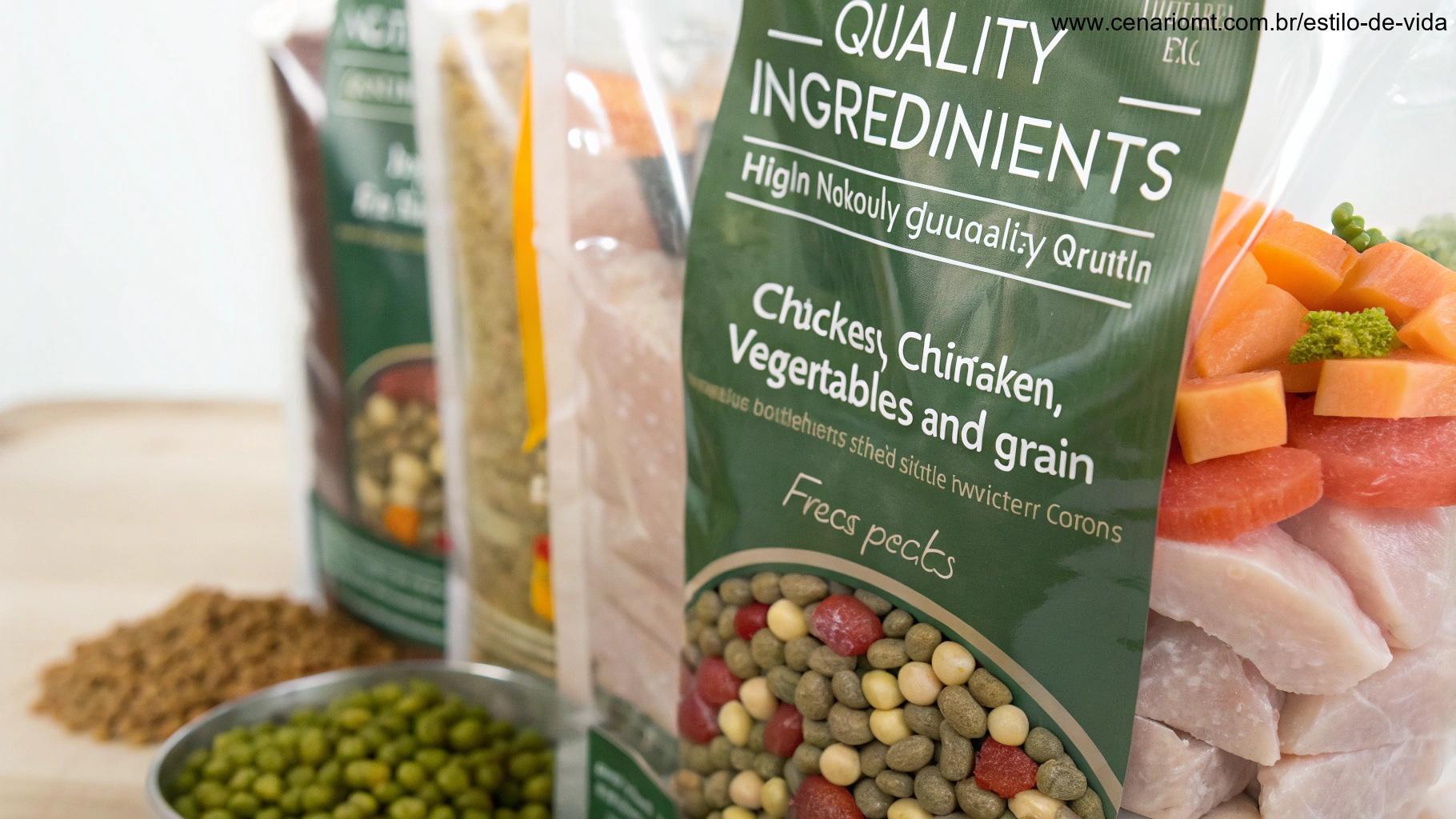 Embalagem de ração pet com ingredientes de alta qualidade, como frango, vegetais e grãos visíveis.