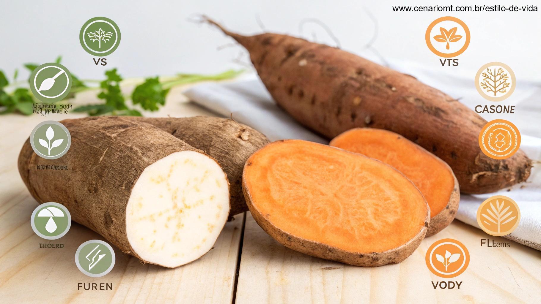 Comparação visual entre batata-doce e mandioca, destacando aspectos nutricionais.