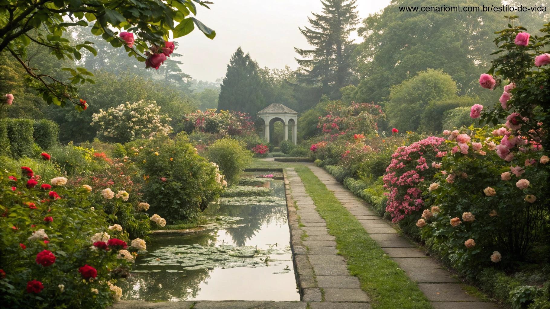 Jardim pacífico com flores em flor e um caminho levando a um local tranquilo de reflexão.