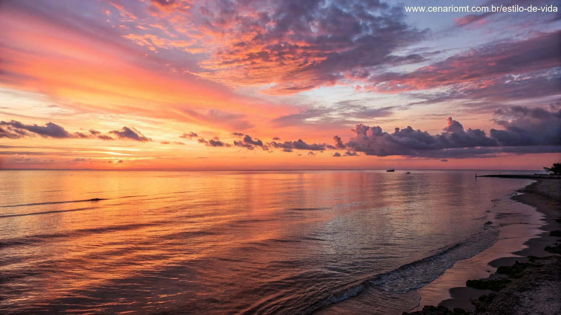 Horizonte do oceano ao pôr do sol, com cores quentes no céu.