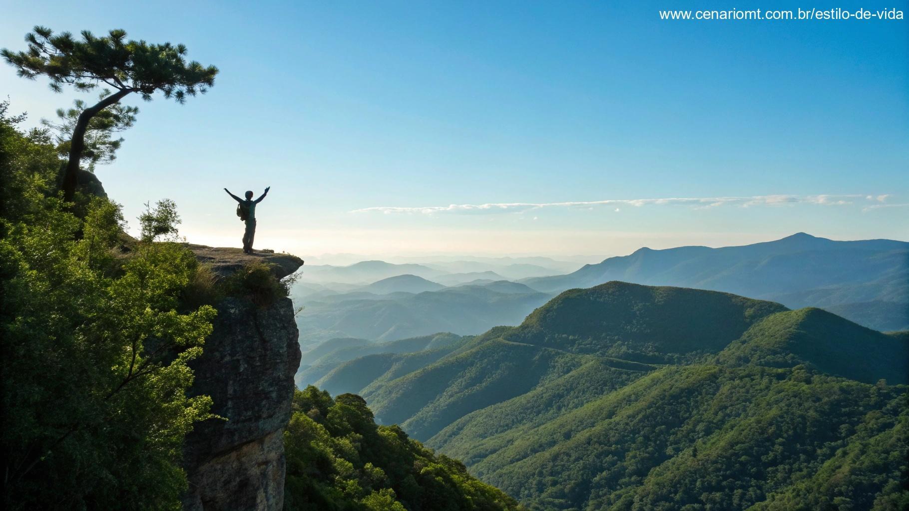 Paisagem montanhosa serena com uma pessoa de braços erguidos simbolizando confiança e esperança no Senhor.
