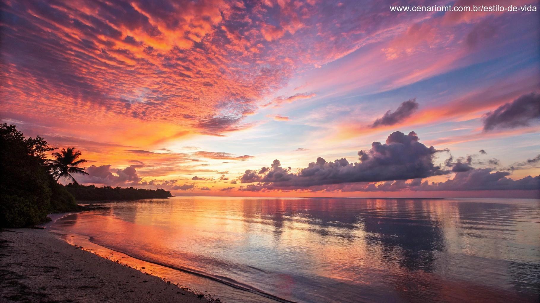 Nascer do sol sobre um oceano calmo, simbolizando confiança em Deus para o novo dia, com cores vibrantes no céu e reflexo tranquilo na água.