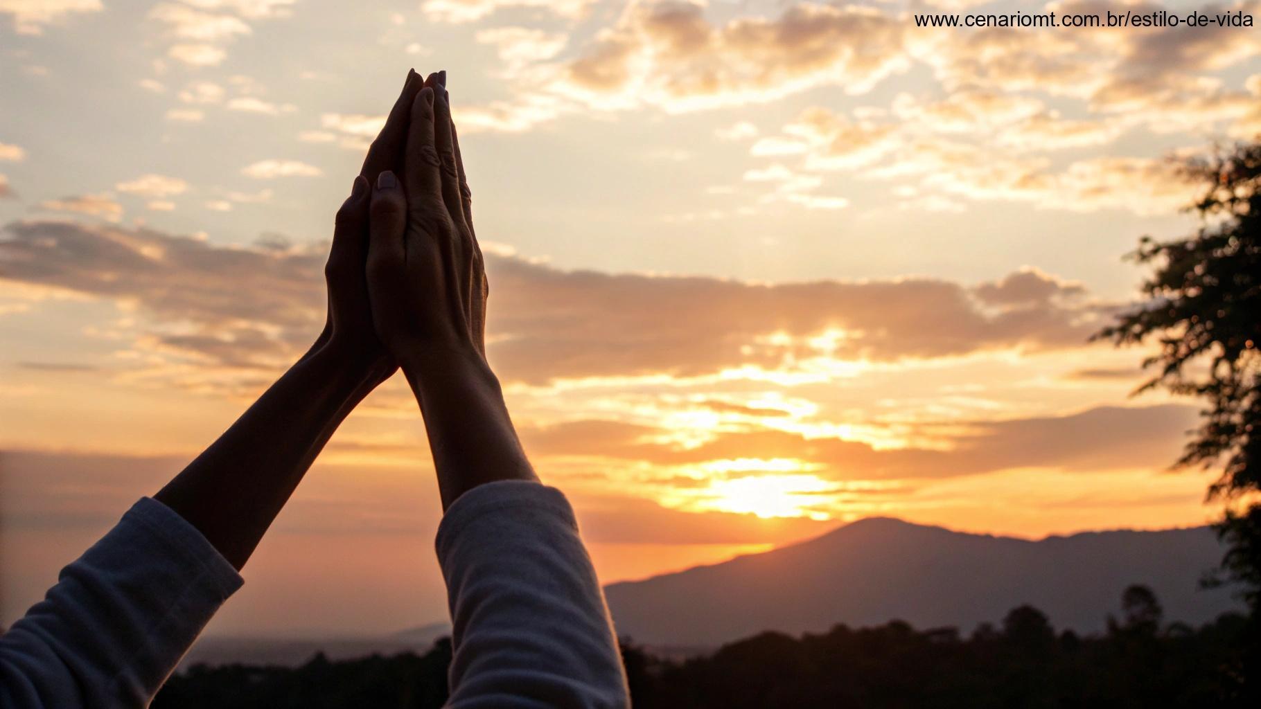 Mãos erguidas em oração diante de um nascer do sol dourado