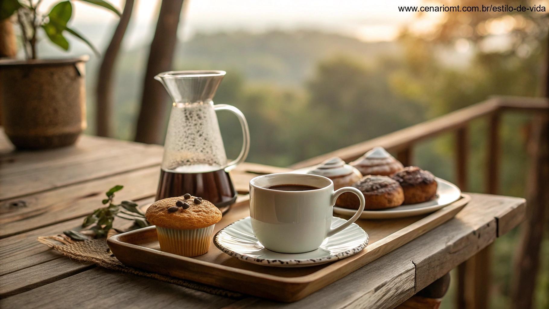 Configuração de café da manhã elegante em uma mesa de madeira, com luz natural ao redor.