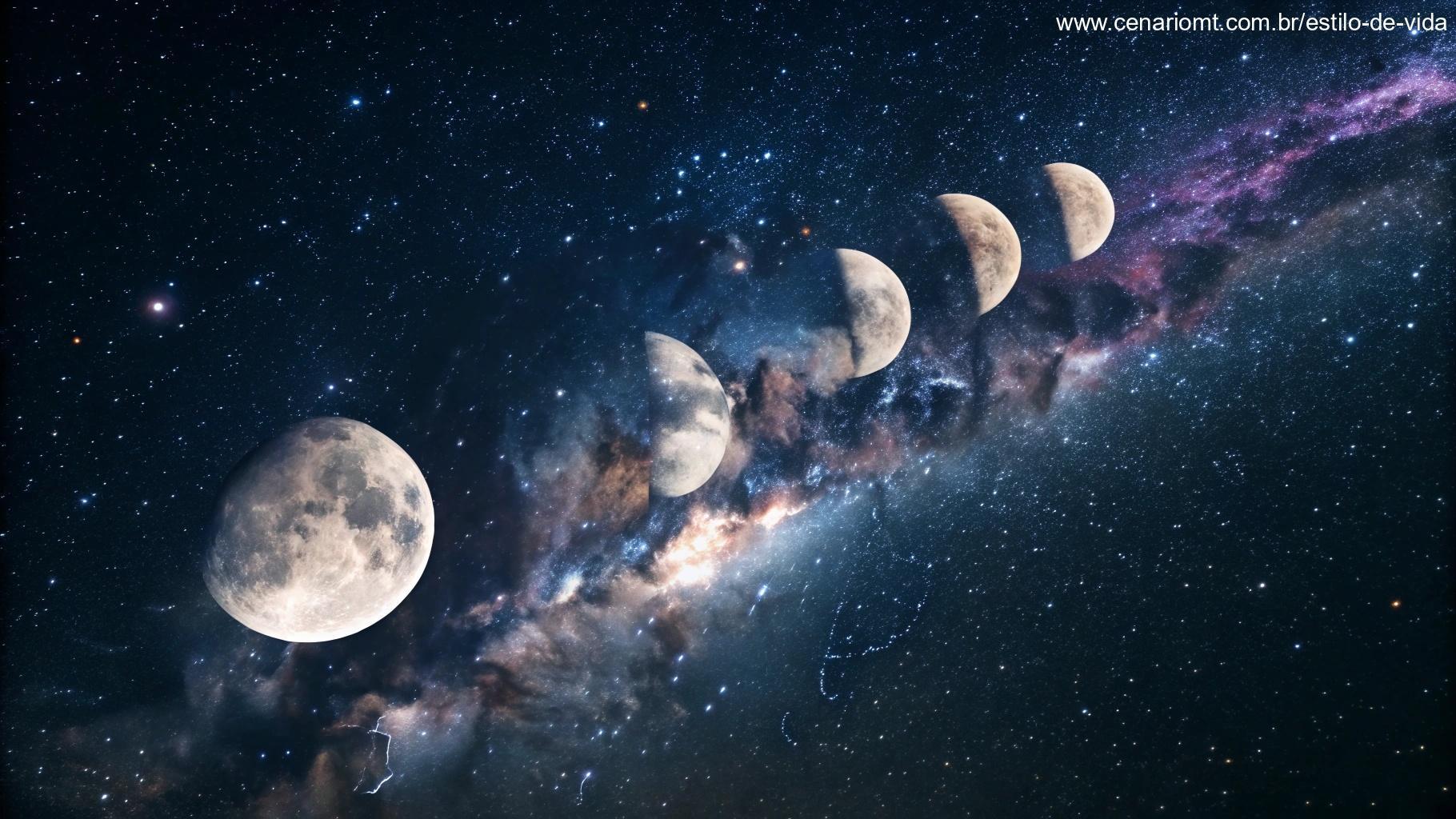 Ilustração cósmica das fases da lua em um cenário celestial e sonhador.
