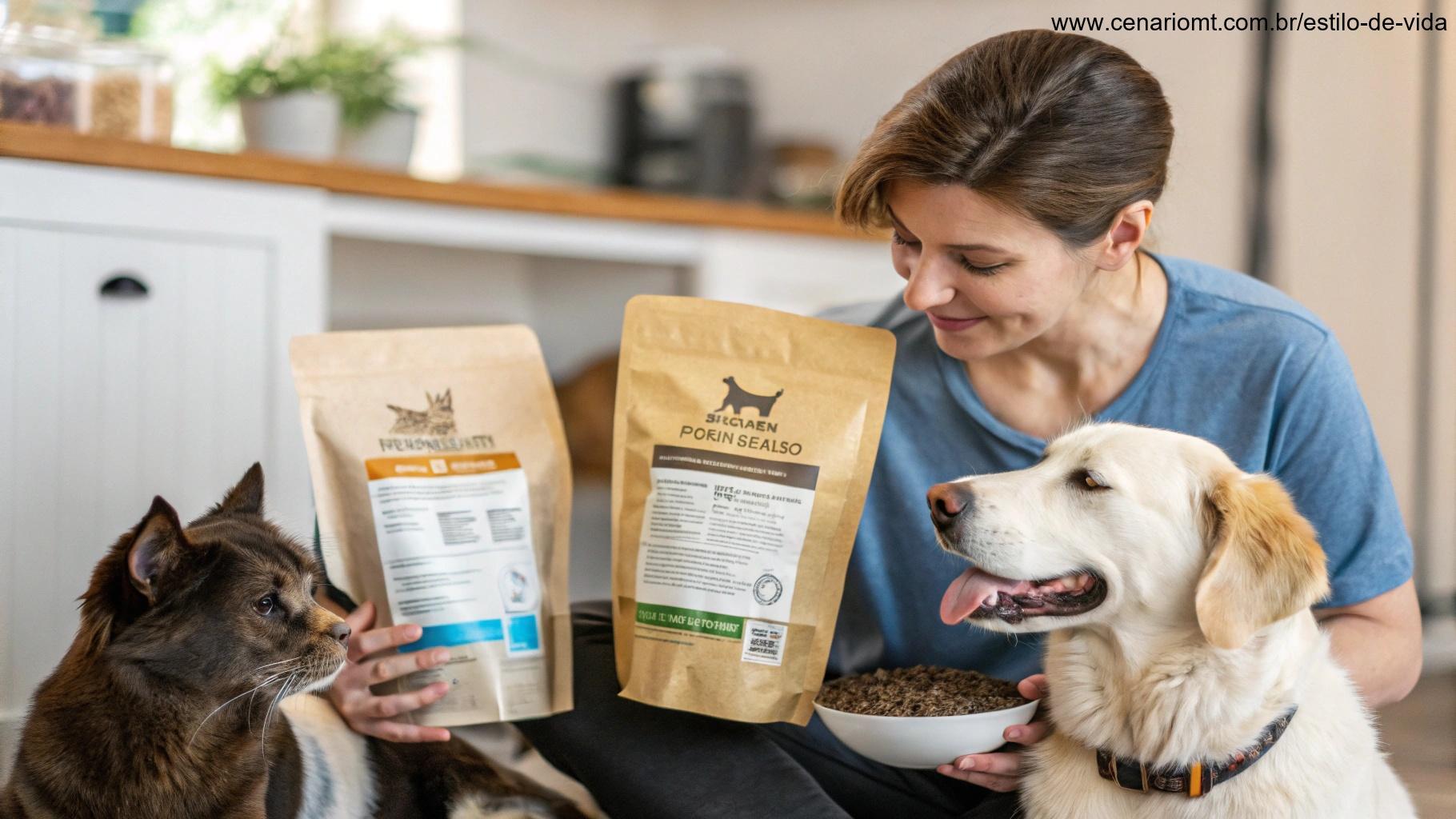 Dono de pet comparando ração para escolher a melhor opção, com cães e gatos felizes ao redor.